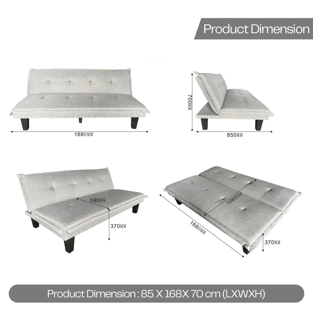 Grey sofabed with product dimensions in cm, shown in upright and flat positions