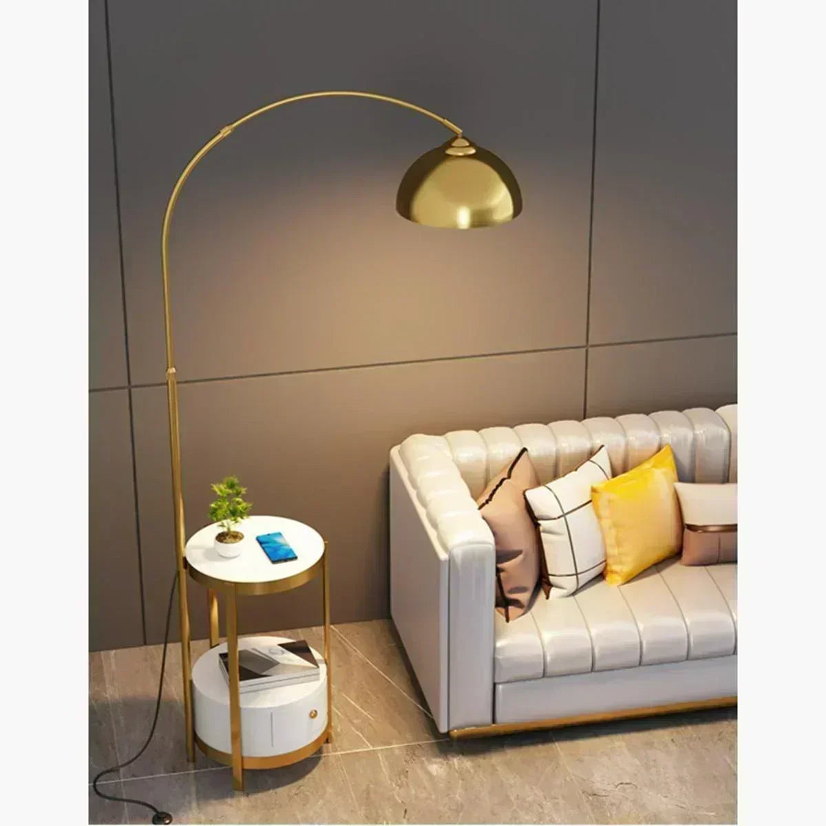 Buy Affordable Sleek Fusion Arched Metal and Marble Floor Lamp with Integrated Side Table in Dubai - UAE | Cheap Price