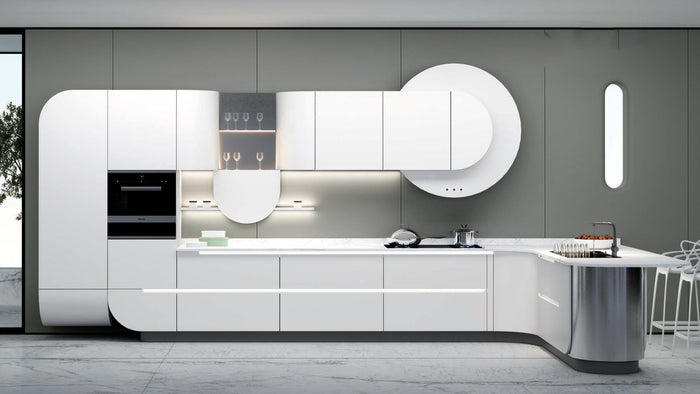 Modern white minimalist kitchen cabinets with curved design and integrated appliances