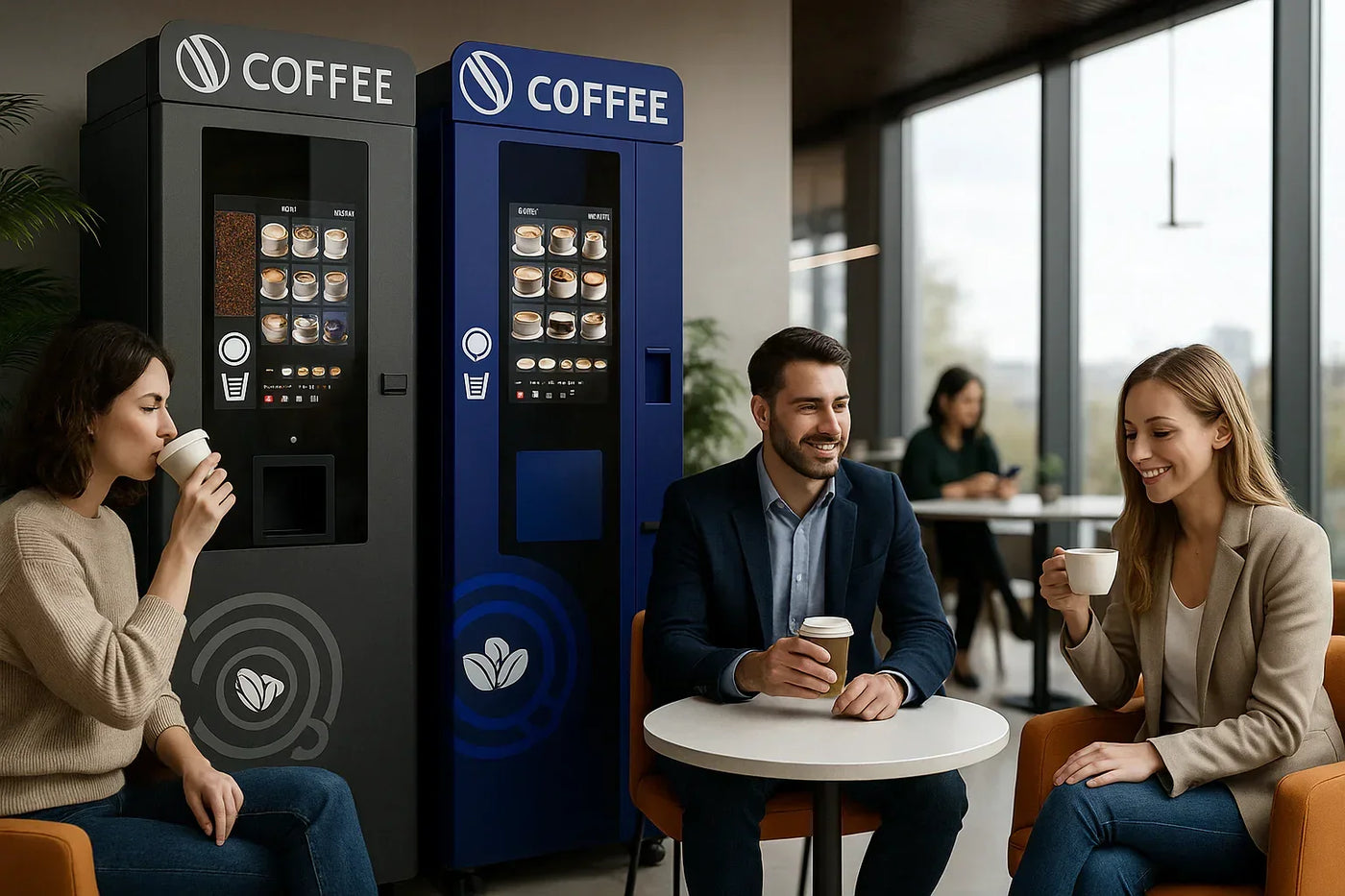 People enjoying coffee in a modern office lounge, sitting near coffee vending machines.