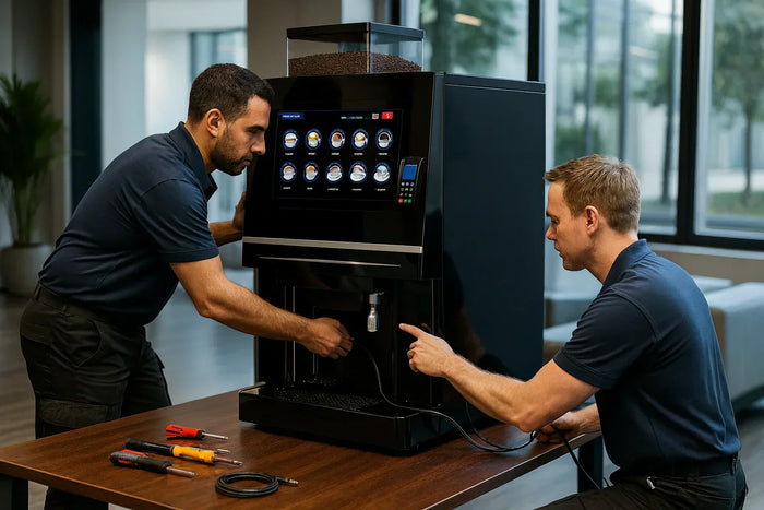Two men installing a coffee vending machine in a modern office, tools on table, HOCC context.