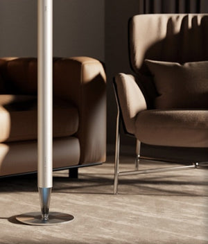 3004 V900L Floor-Standing Aroma Diffuser – Frosted Silver – diffuser between tan sofa and armchair