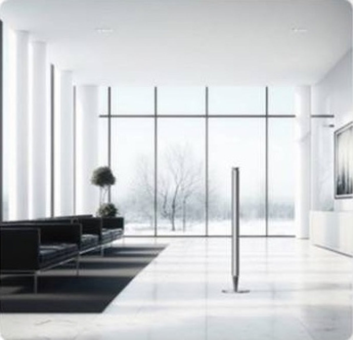 3004 V900L Floor-Standing Aroma Diffuser – Frosted Silver – diffuser in a bright VIP lounge with snowy view