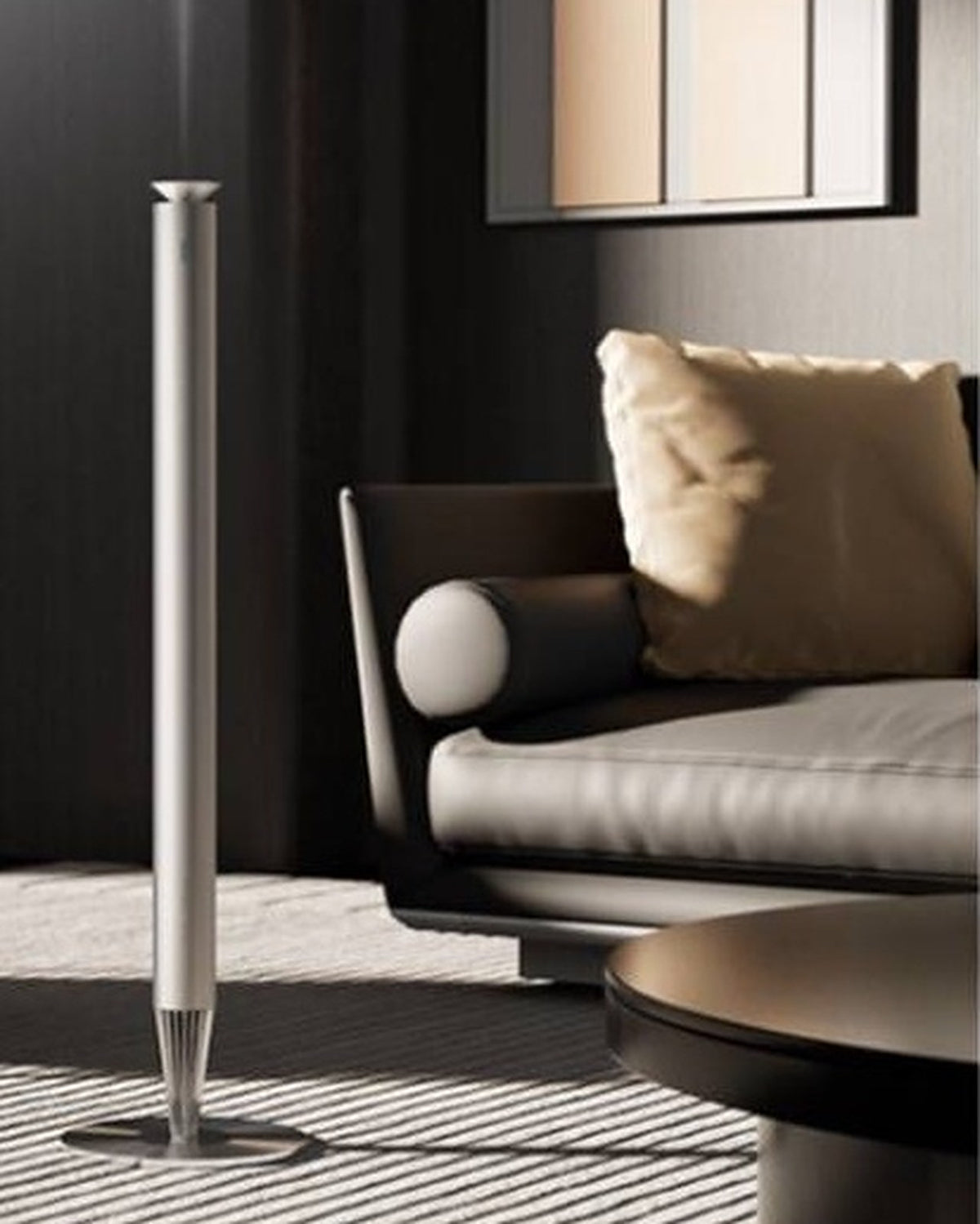 3004 V900L Floor-Standing Aroma Diffuser – Frosted Silver – diffuser misting in a dark lounge beside sofa