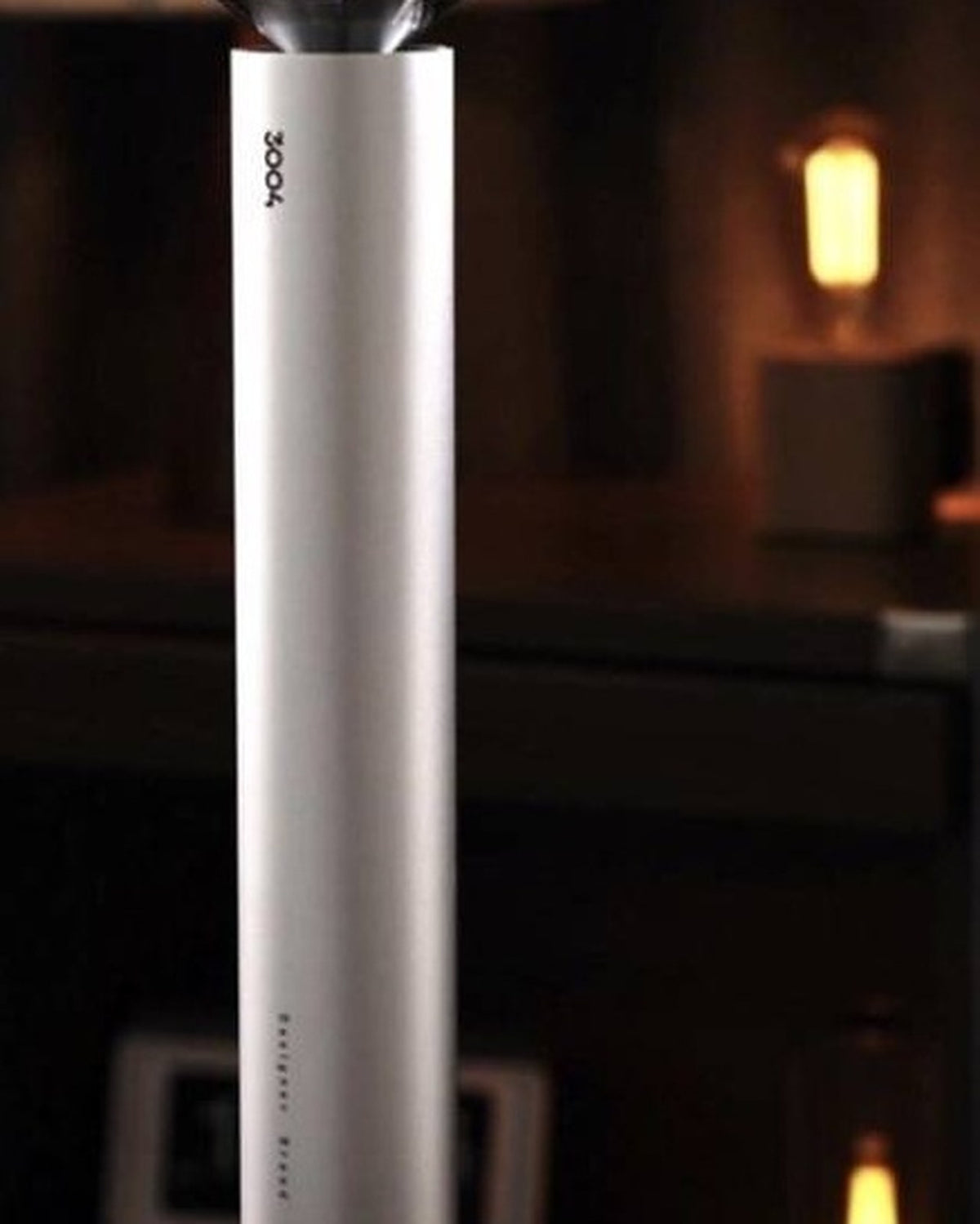 3004 V900S Desktop Aroma Diffuser – Frosted Silver – V900S on a desk in a warm-lit room, blue base light