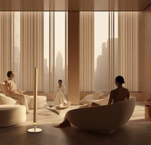 3004 V911M Floor-Standing Aroma Diffuser – Frosted Gold – diffuser in a lounge with seated people (V911 series shown)