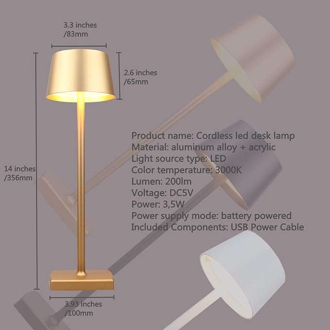 Cordless Battery Operated  Table Lamp Night Lamp Golden - HOCC