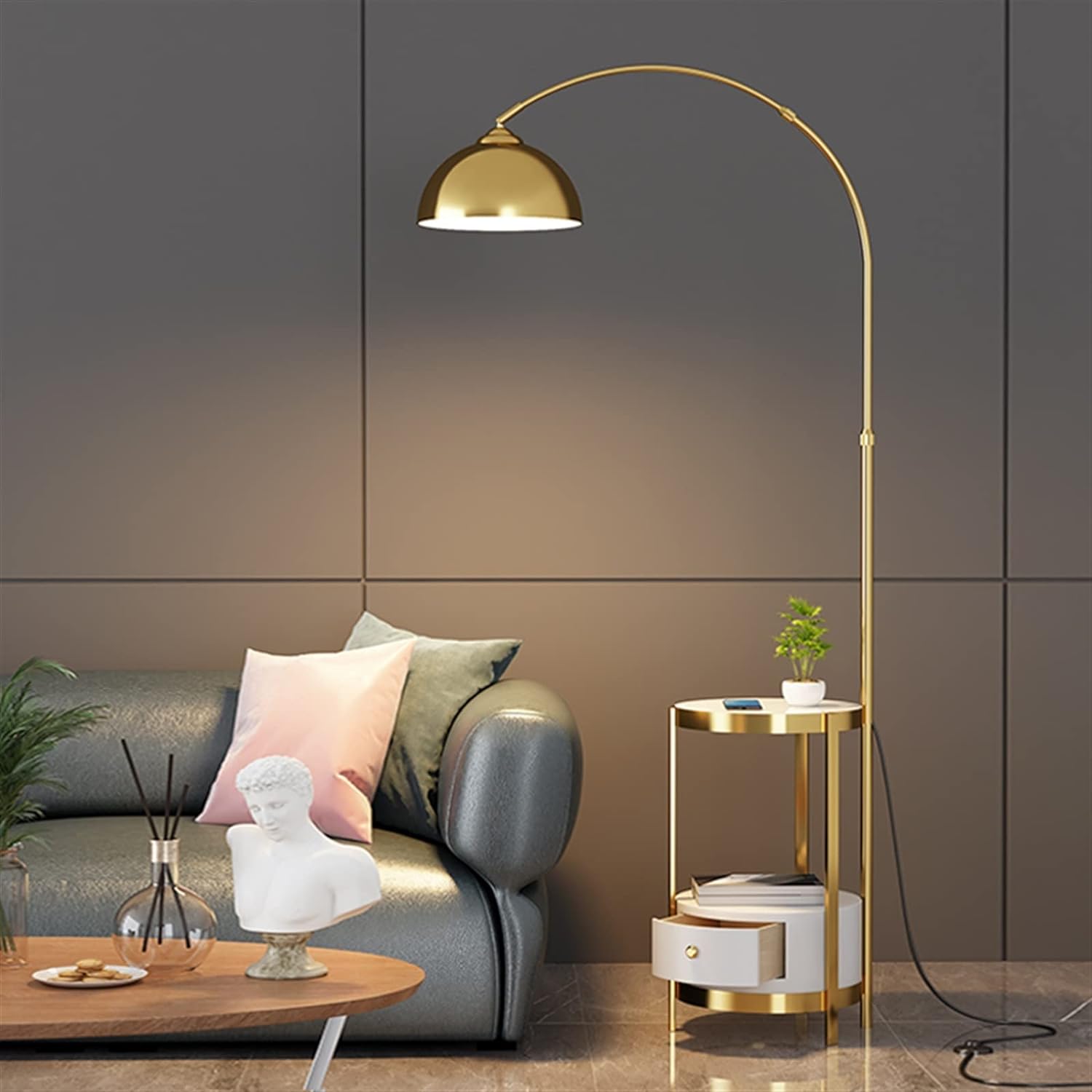 Sleek Fusion Arched Metal and Marble Floor Lamp with Integrated Side Table - HOCC