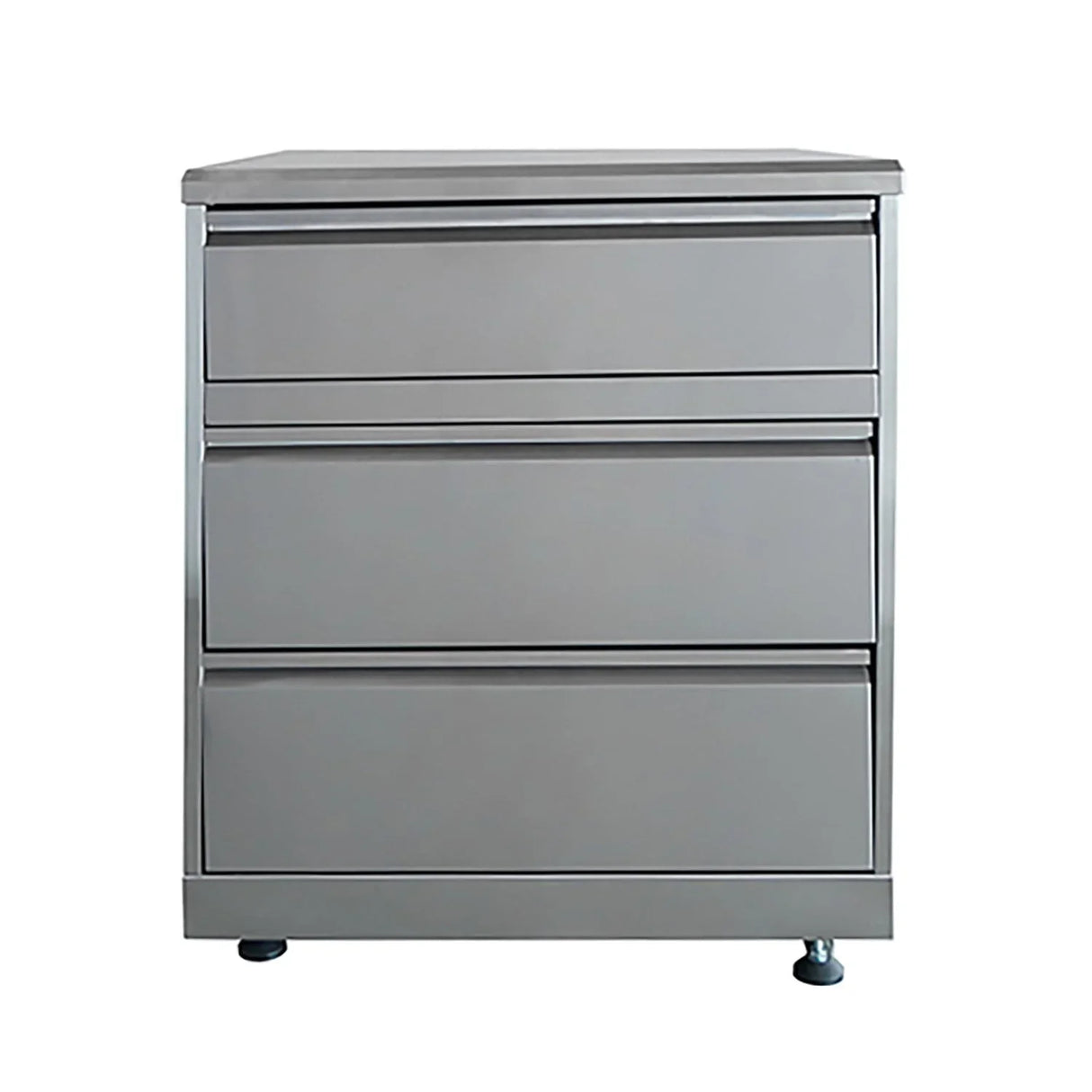Three-drawer stainless steel storage cabinet on adjustable feet