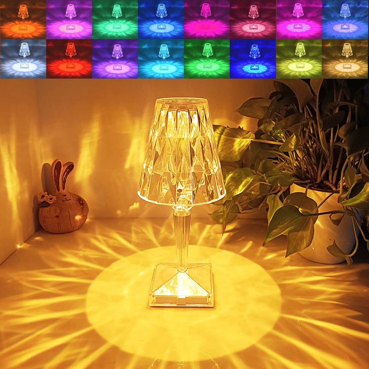 Crystal Touch Table Lamp LED Night Light, 16 Colors Rechargeable Table Lamp with Touch and Remote Control, USB Light Lamps, Lighting Decor for Bedroom (White)