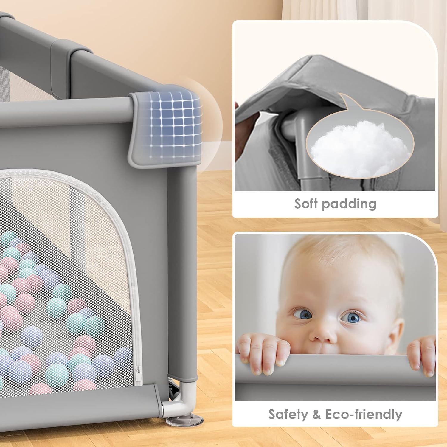 Indoor and Outdoor Baby Playpen with balls for Toddler - Activity Center with Anti-Slip Base, Sturdy Safety Play Yard with Soft Breathable Mesh - HOCC