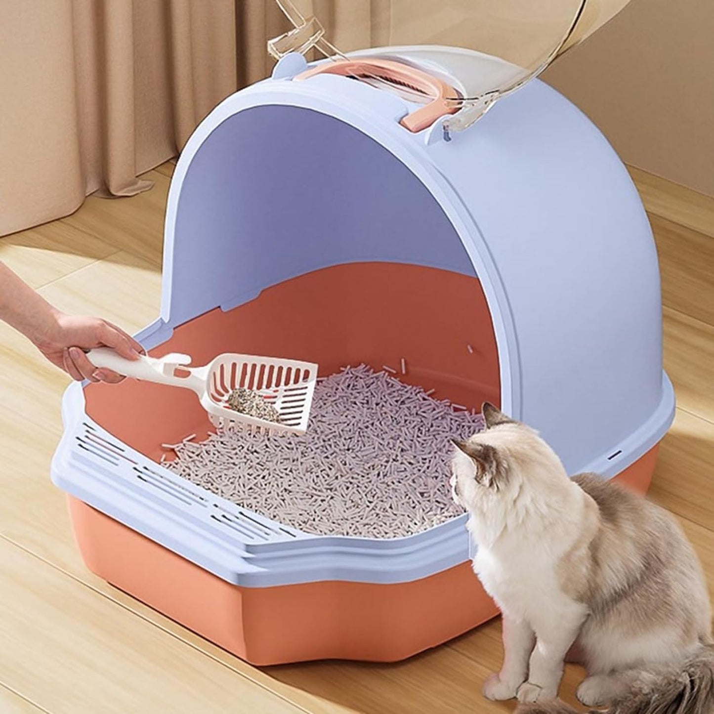  HOCC Cat Sandbox, Dome-shaped, Clear, Large, Wide, Cute, Includes Scoop, Stylish, Sand Splattering, Antibacterial, Odor-Resistant, Clean, Spacious, Easy to Clean, Popular, Compact, Washable, Pink, 19.7 x 16.5 x 15.7 inches (50 x 42 x 40 cm) - Buy HOCC Ca