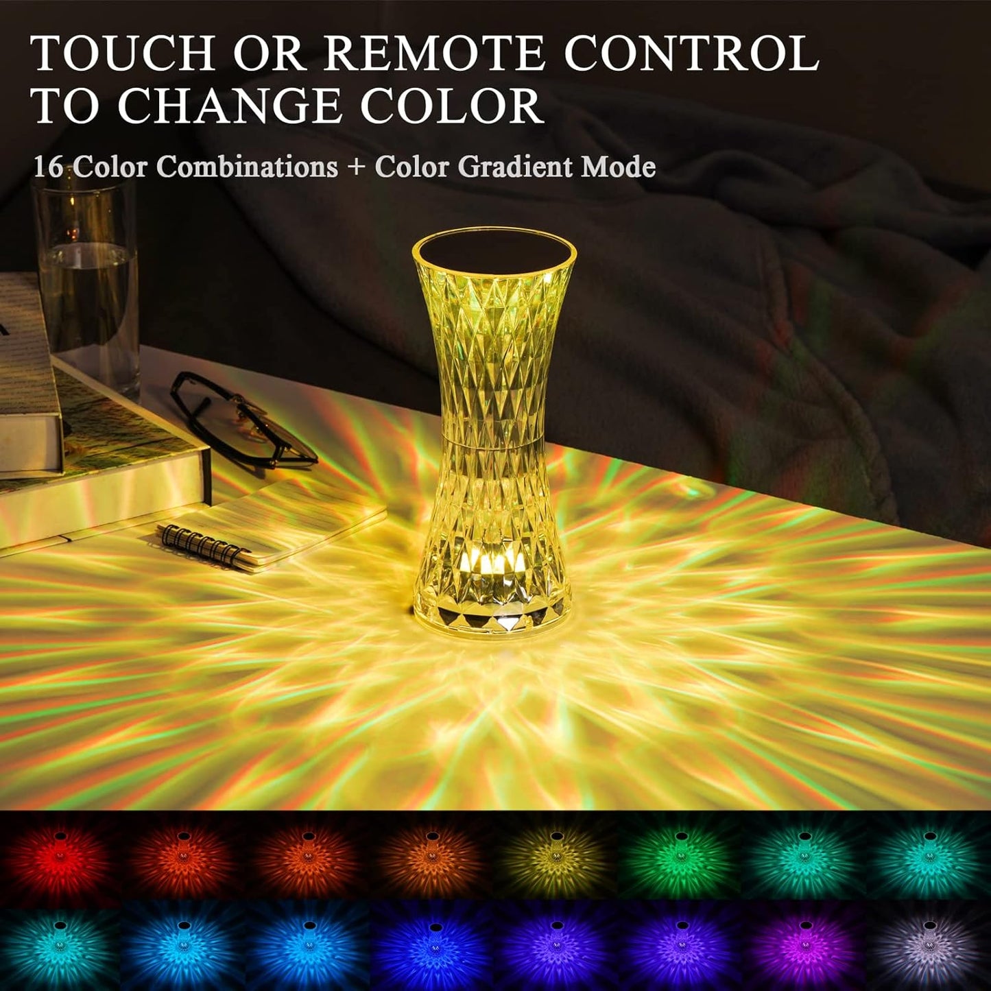 Crystal Table Lamp, 16 RGB Color Changing Crystal Light with 6 Level Brightness Adjustment, Romantic Rechargeable Remote & Touch Lamp for Living Room Gift (16Color-Rose Lamp)