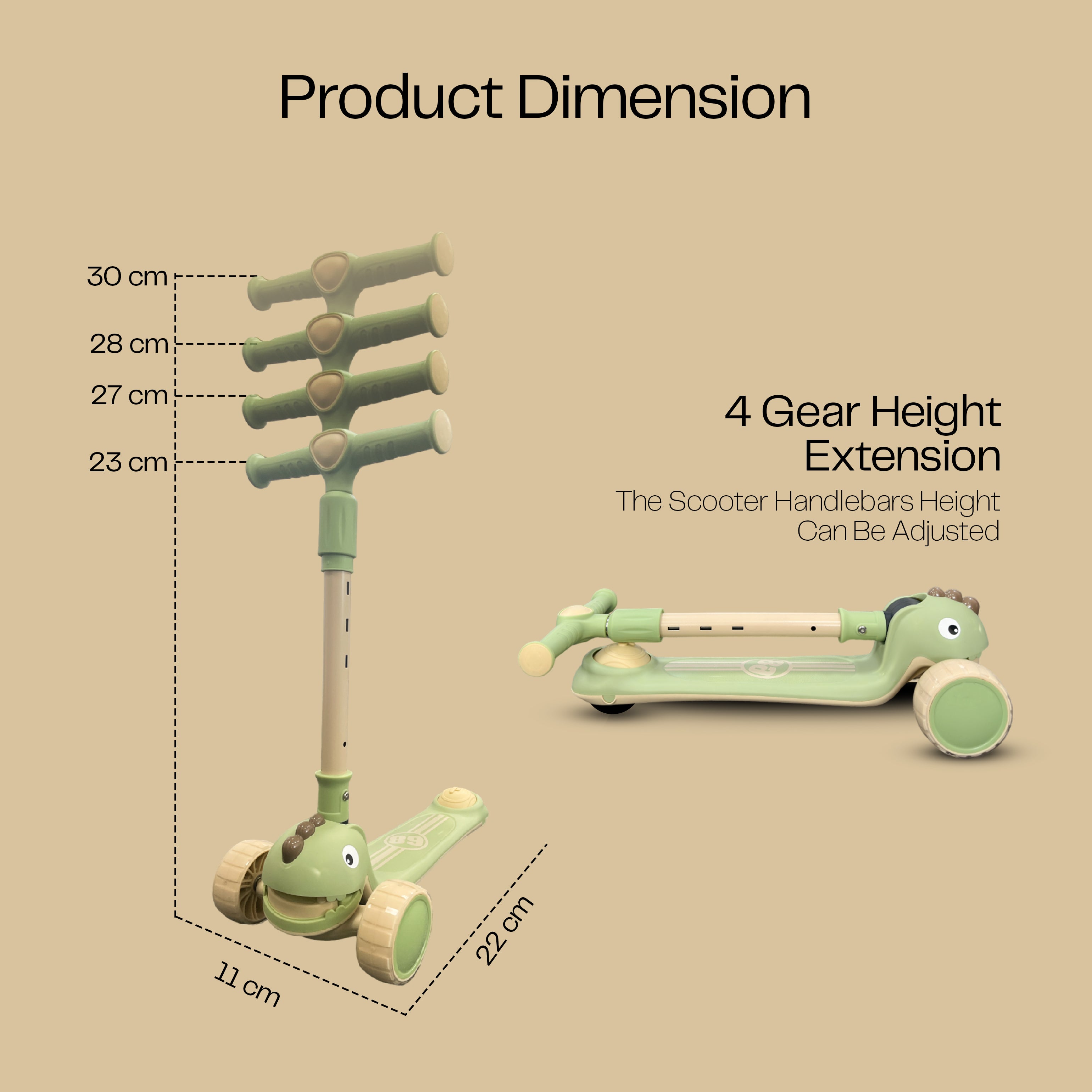 Snuggle Buggy Foldable Baby Scooter with Adjustable Height (3 Levels) - Green - HOCC