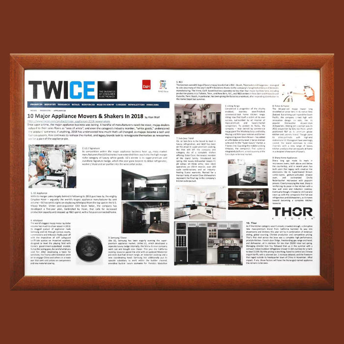 Framed article from Twice magazine titled '10 Major Appliance Movers & Shakers In 2018' featuring appliance industry insights