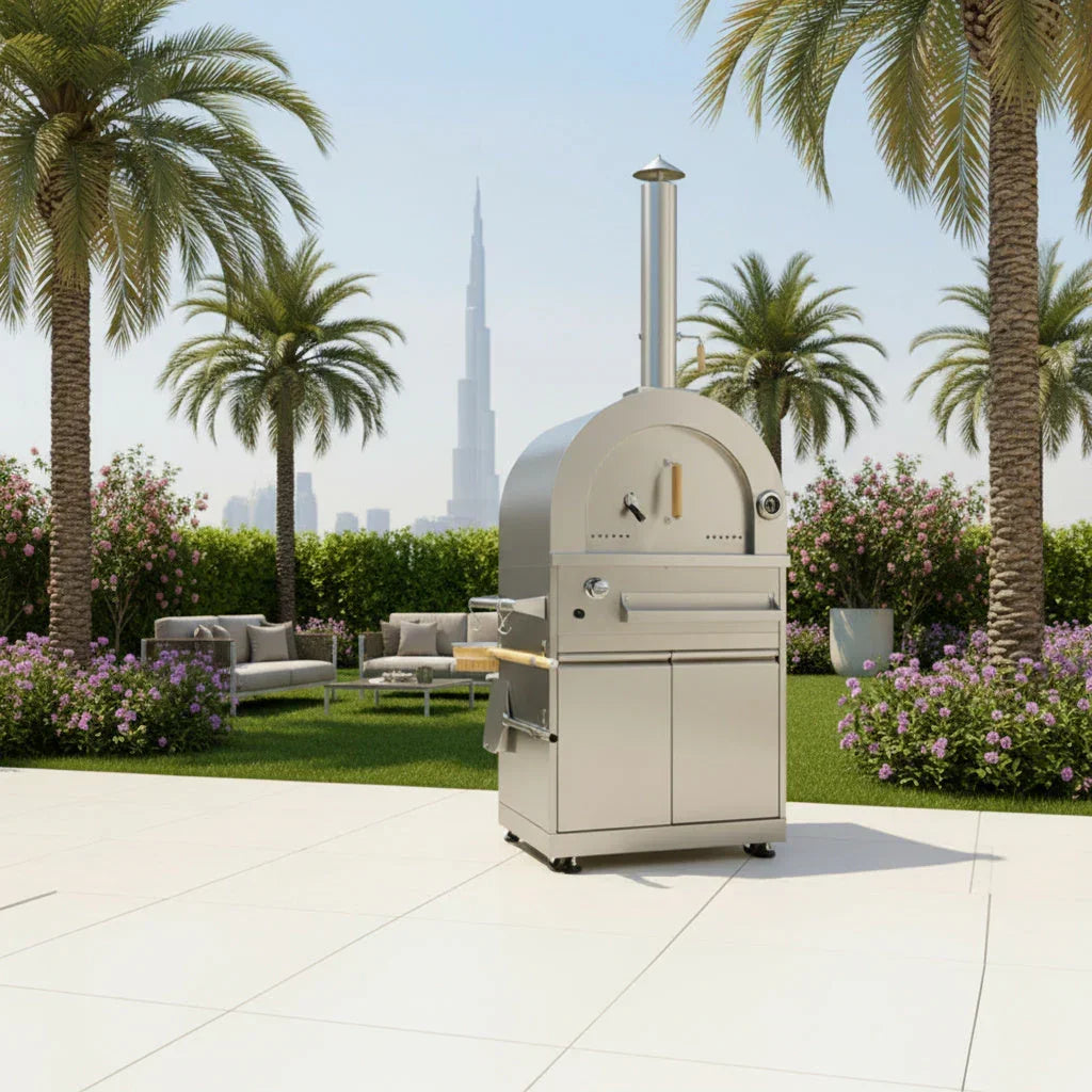 Outdoor pizza oven in a garden setting with palm trees and a city skyline in the background
