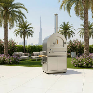 Outdoor pizza oven in a garden setting with palm trees and a city skyline in the background