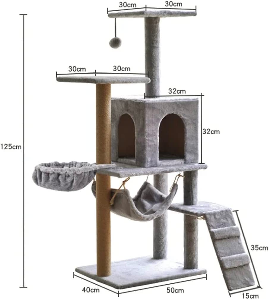 Large Cat Tree Tower House 4.1ft (125cm) Wood Rattan (Grey)