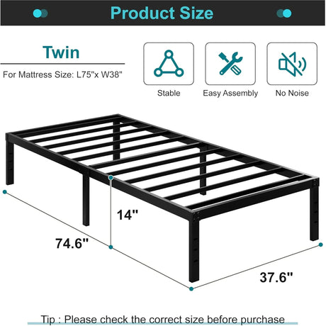 Twin size metal bed frame, black, 74.6x37.6 inches, sturdy and easy assembly, HOCC UAE