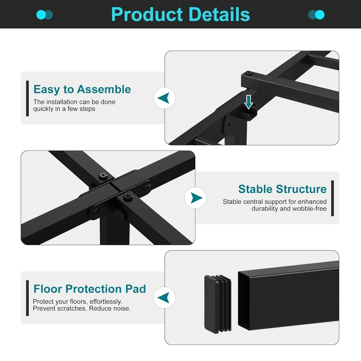 Black metal bed frame details showing easy assembly, stable structure, floor protection pad from HOCC UAE.