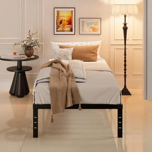 Modern UAE bedroom with minimalist bed, cozy throw, side table, floral decor, and elegant floor lamp