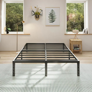 Modern black metal bed frame in a bright bedroom with wooden decor and green outdoor view