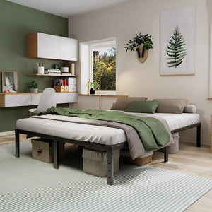 Modern bedroom with metal bed frame, green bedding, home decor, and wall shelves at HOCC UAE