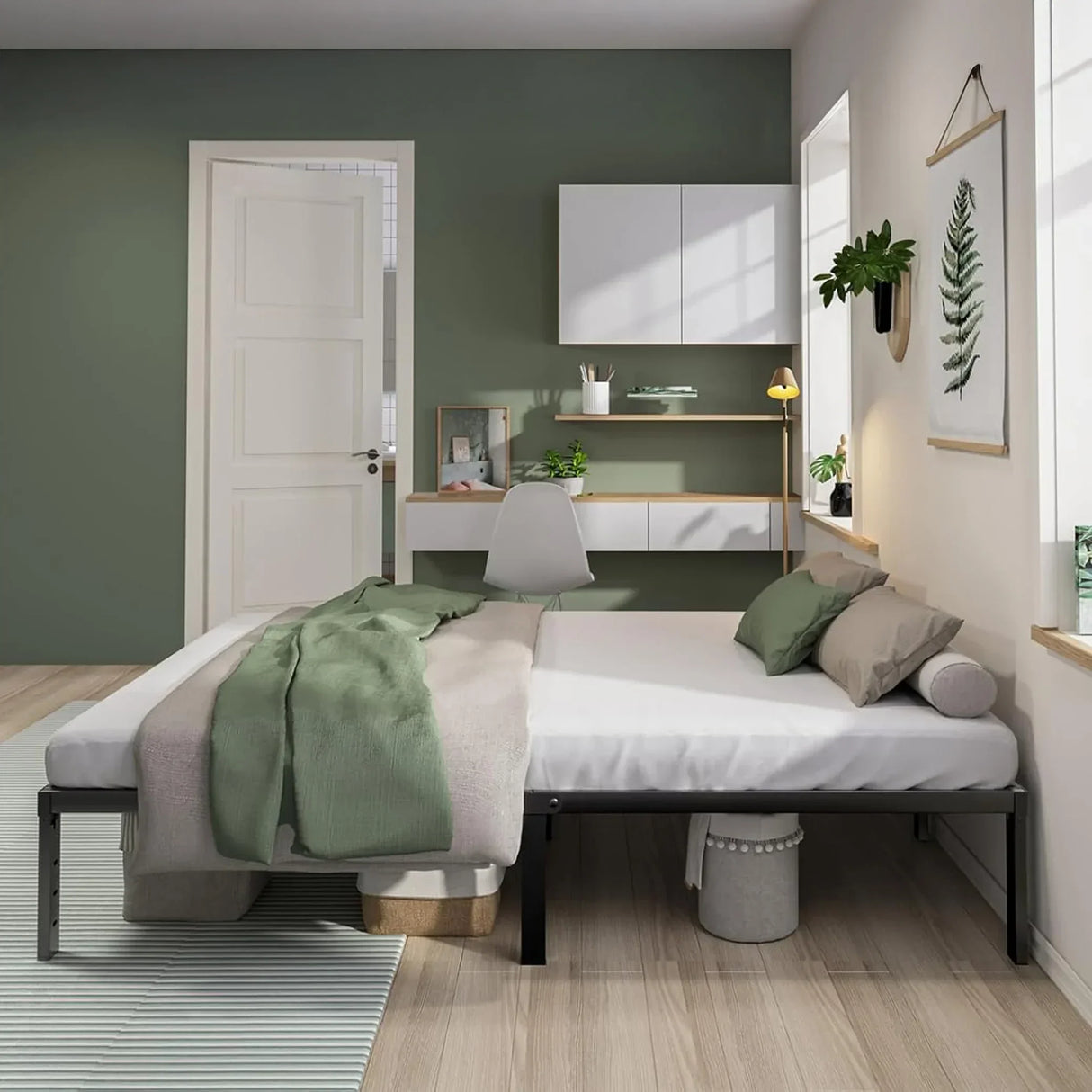 Modern minimalist bedroom with green accent wall, bed, desk, decor and plants, HOCC UAE home decor