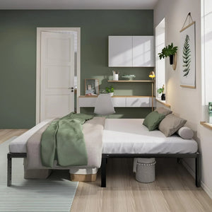 Modern minimalist bedroom with green accent wall, bed, desk, decor and plants, HOCC UAE home decor