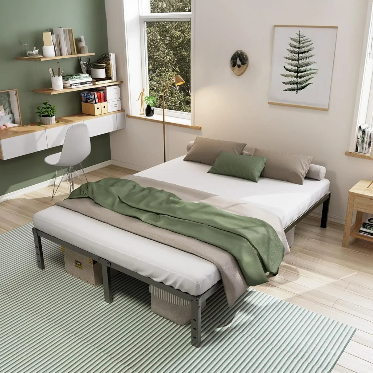 Modern bedroom with metal bed frame, green bedding, and home decor, ideal for UAE homes