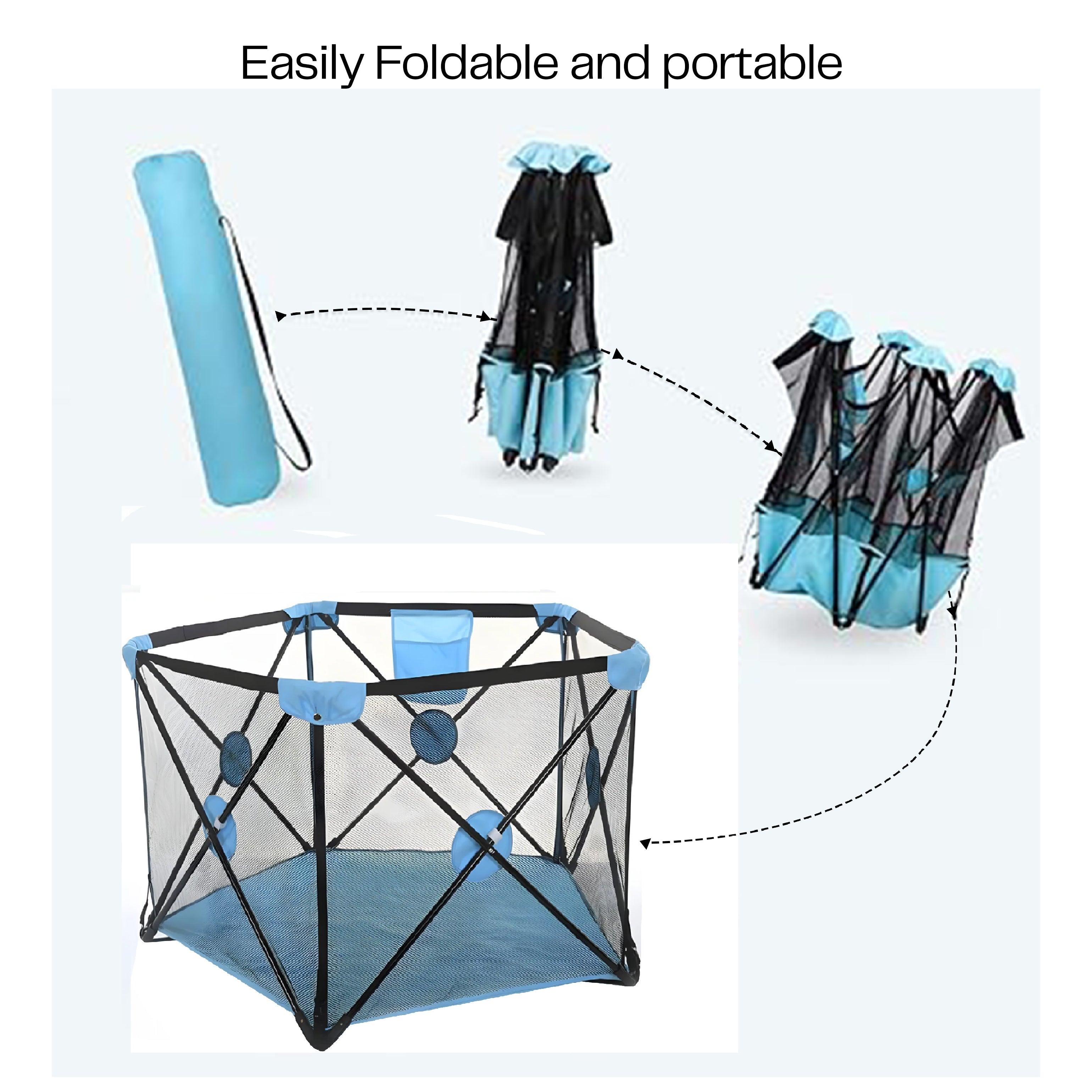 Portable Playard - Lightweight Mesh Baby Playpen with Carrying Case - Conveniently Opens, Washable 5-Panel Design in Blue for Indoor and Outdoor Use - HOCC