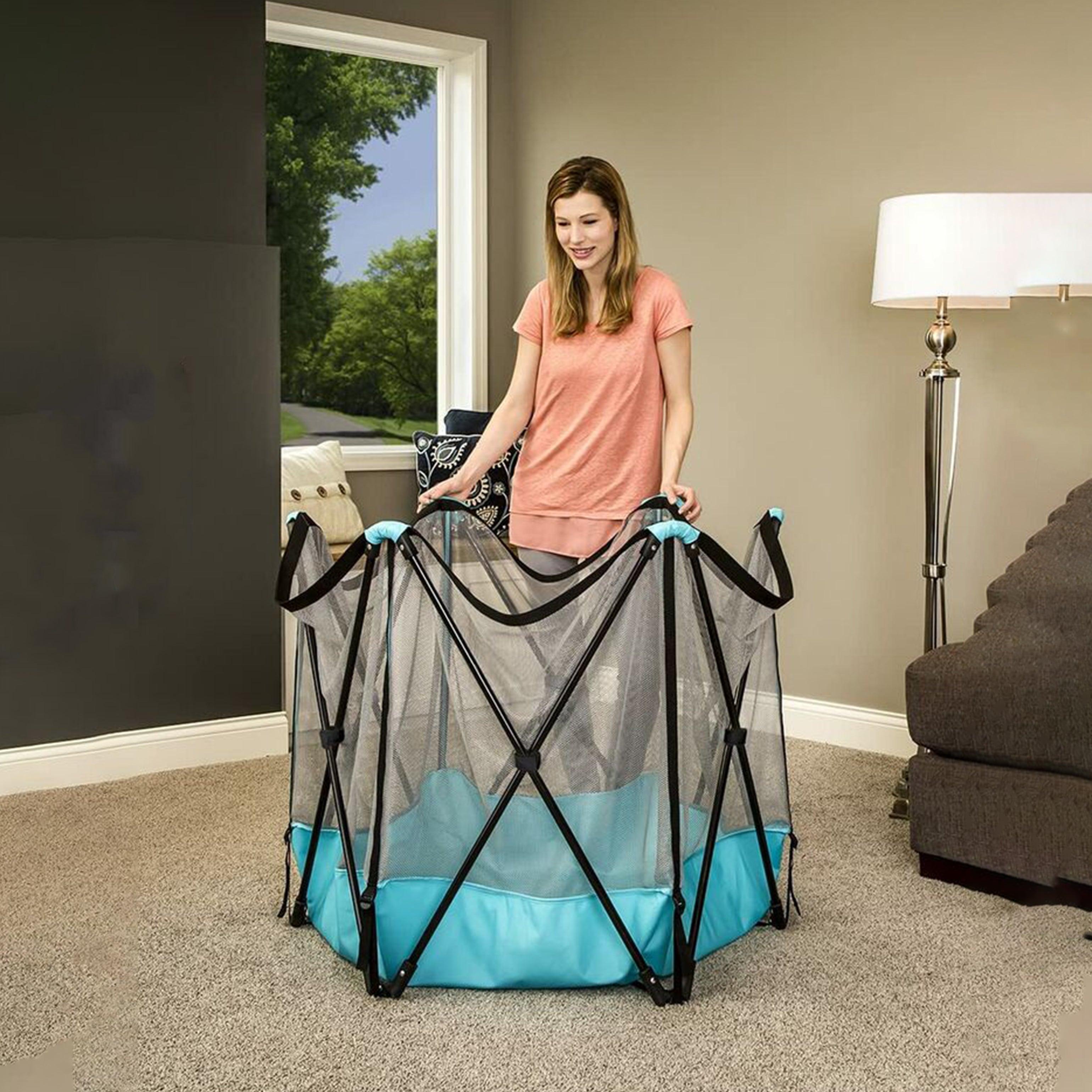 Portable Playard - Lightweight Mesh Baby Playpen with Carrying Case - Conveniently Opens, Washable 5-Panel Design in Blue for Indoor and Outdoor Use - HOCC