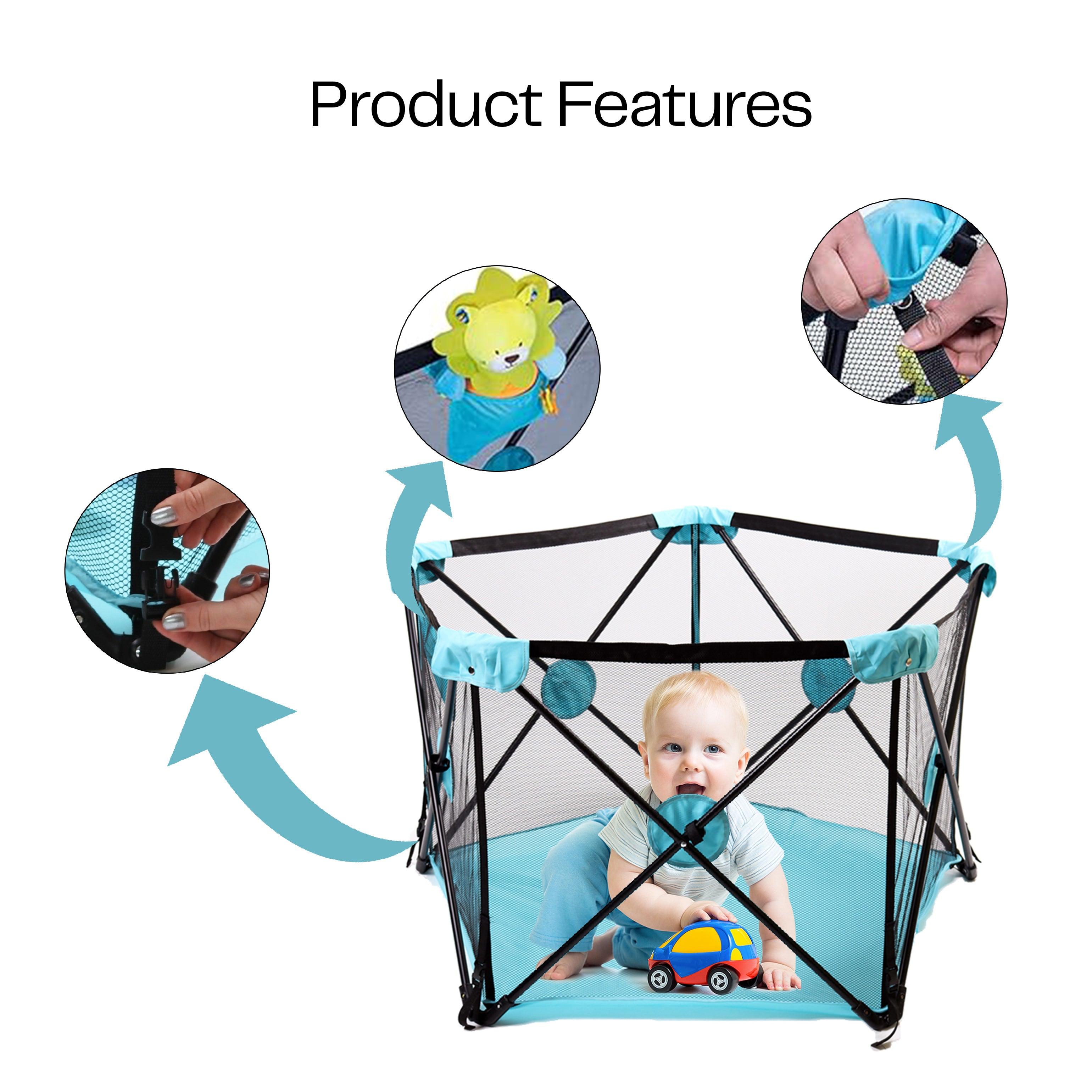 Portable Playard - Lightweight Mesh Baby Playpen with Carrying Case - Conveniently Opens, Washable 5-Panel Design in Blue for Indoor and Outdoor Use - HOCC