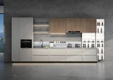 Modern THOR kitchen cabinets with wood accents, open shelves, wine storage, and gray backsplash