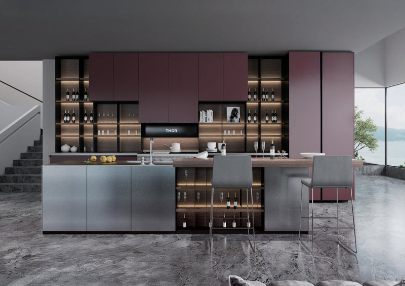 Modern THOR kitchen with sleek cabinets, open wine racks, island seating, and large windows