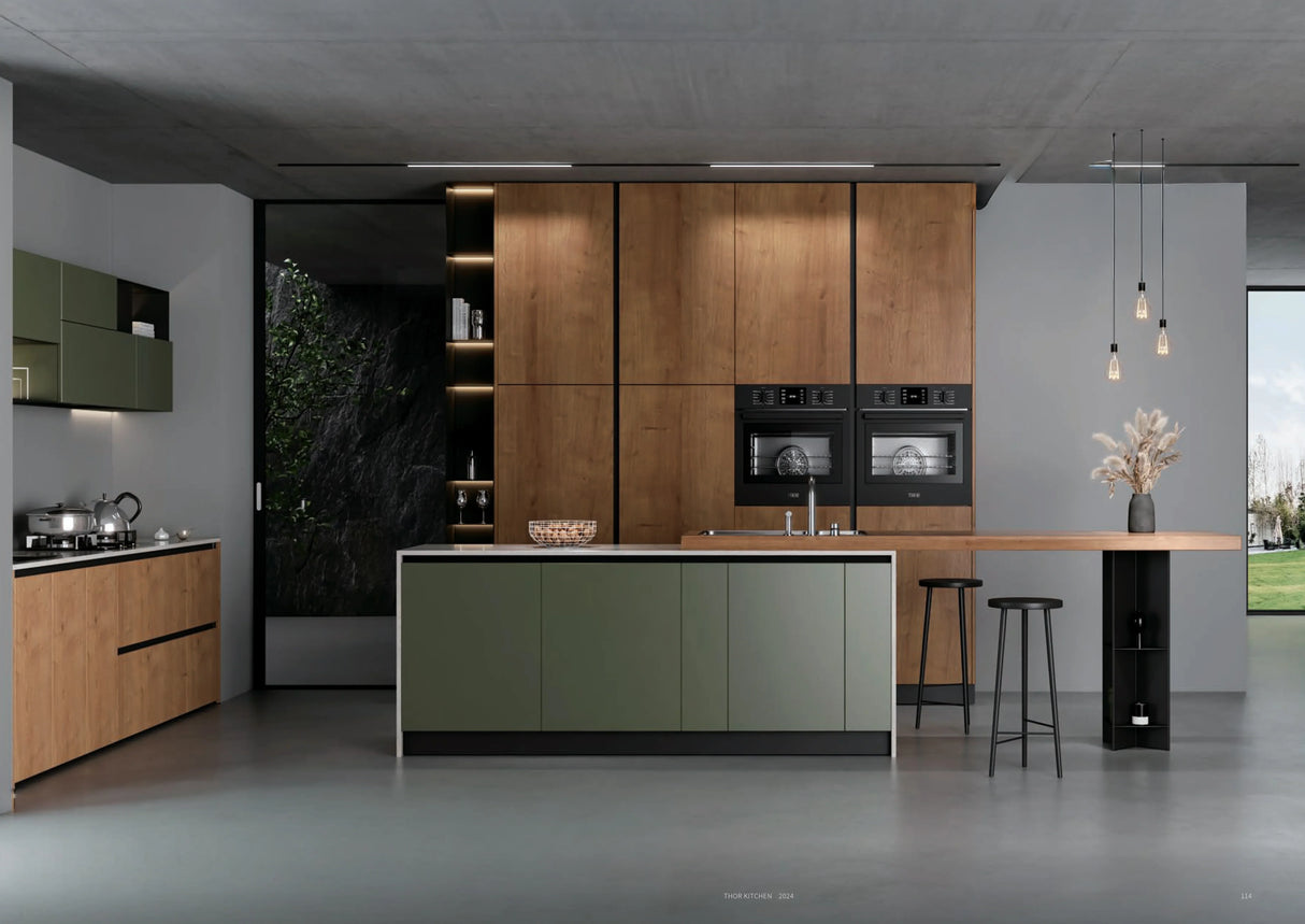 Modern kitchen with wood and green cabinets, island, built-in ovens, and minimalist decor