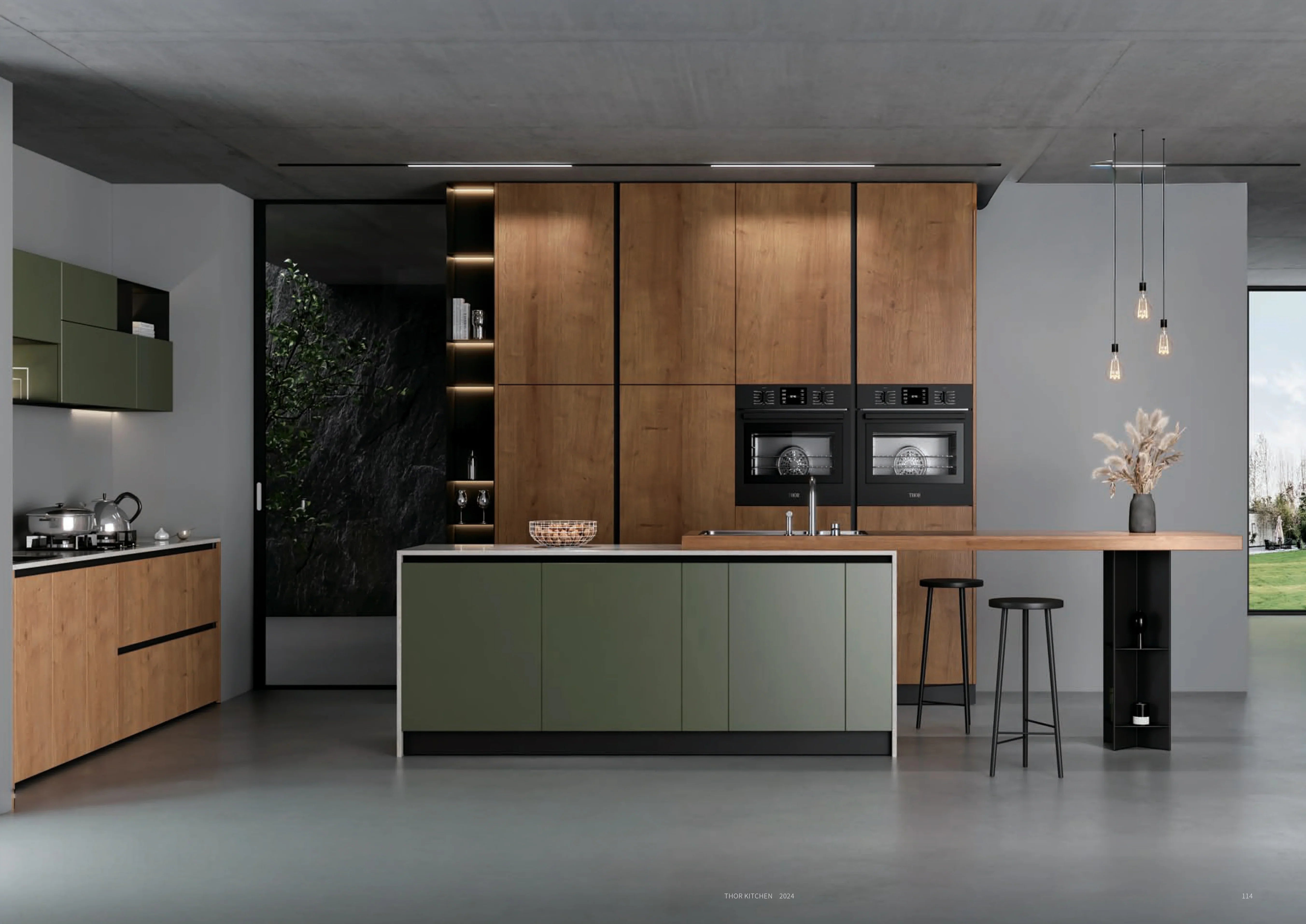 Modern kitchen with wood and green cabinets, island, built-in ovens, and minimalist decor