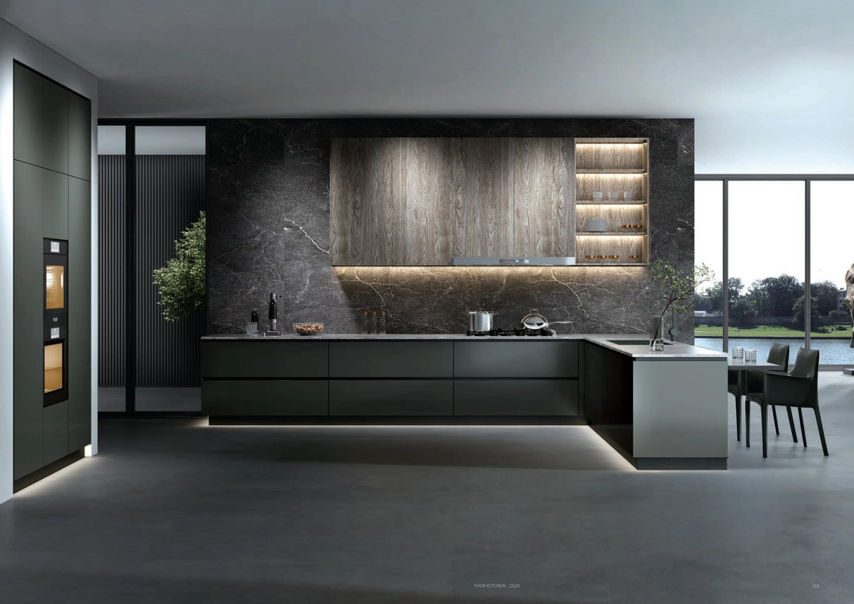 Modern kitchen with dark marble backsplash, matte cabinets, wood accents, and under-cabinet lighting