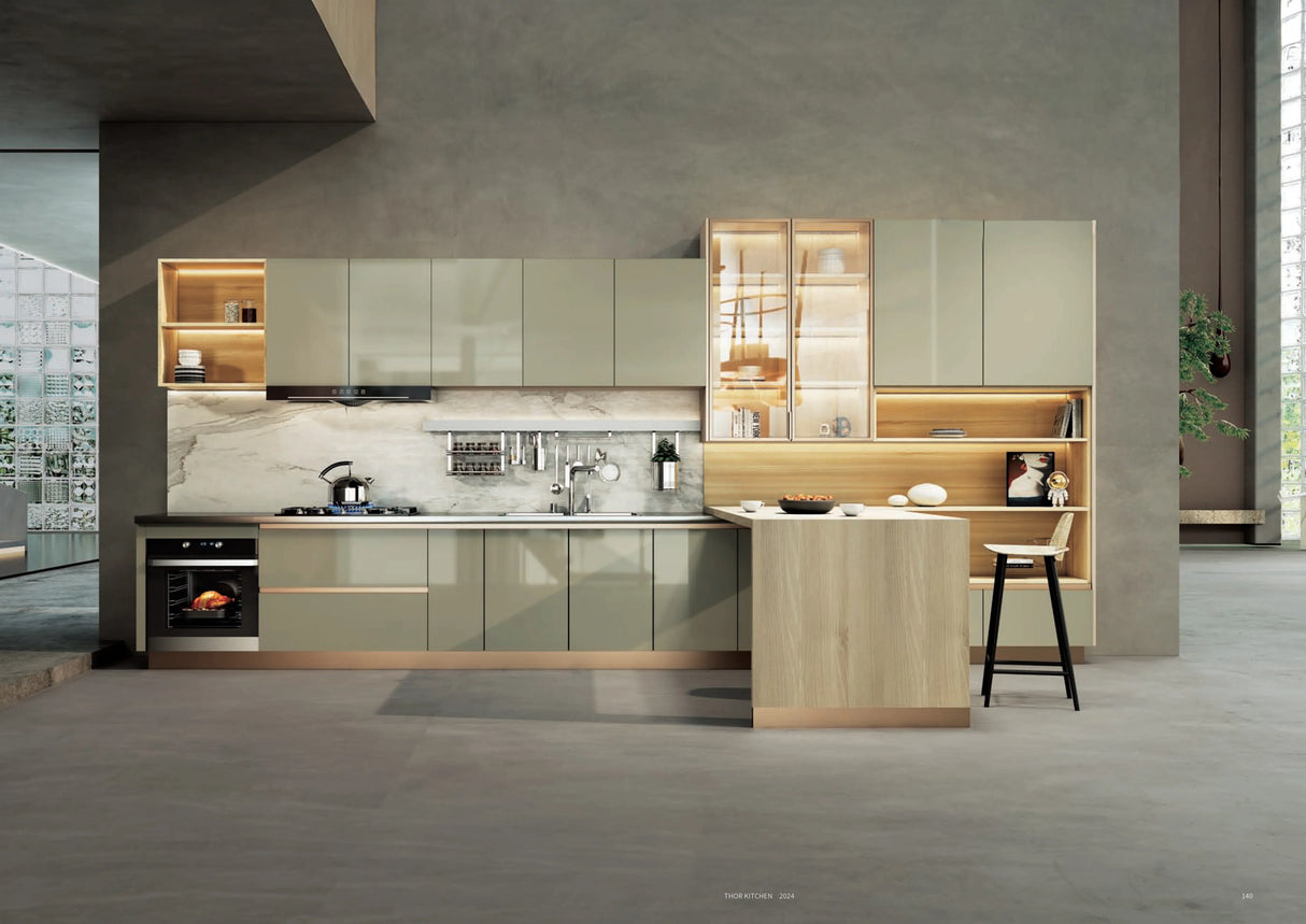 Modern kitchen with light wood cabinets, marble backsplash, and built-in appliances