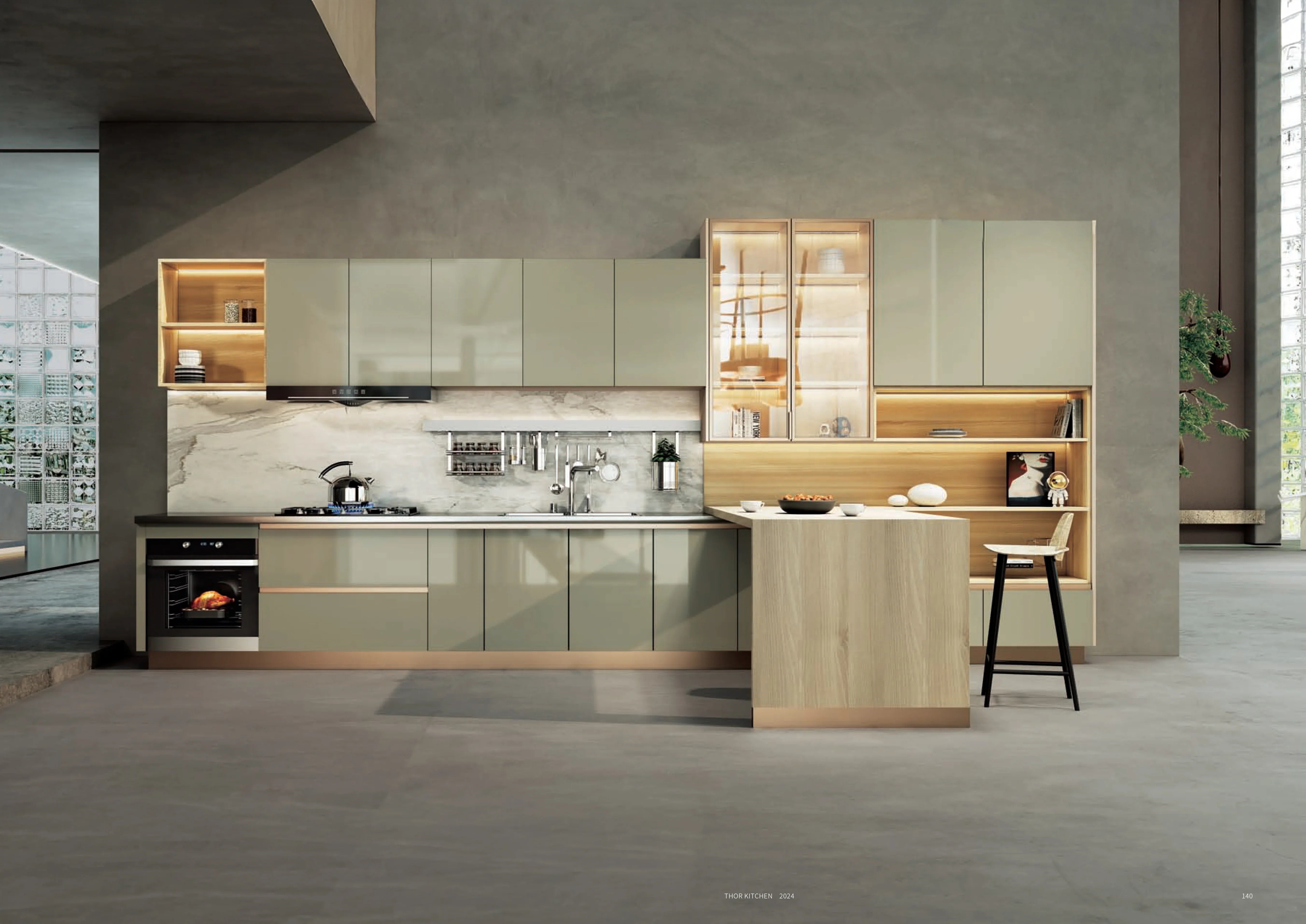 Modern kitchen with light wood cabinets, marble backsplash, and built-in appliances