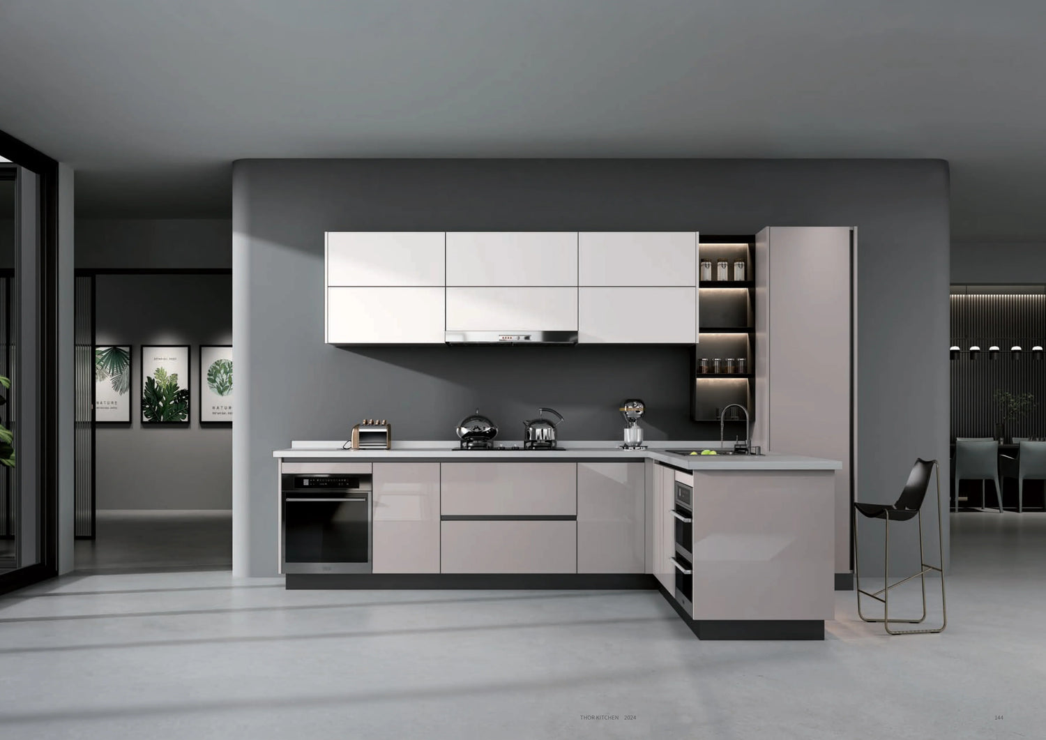 Modern L-shaped kitchen with glossy cabinets, built-in appliances, and open shelving