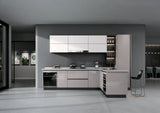 Modern L-shaped kitchen with glossy cabinets, built-in appliances, and open shelving