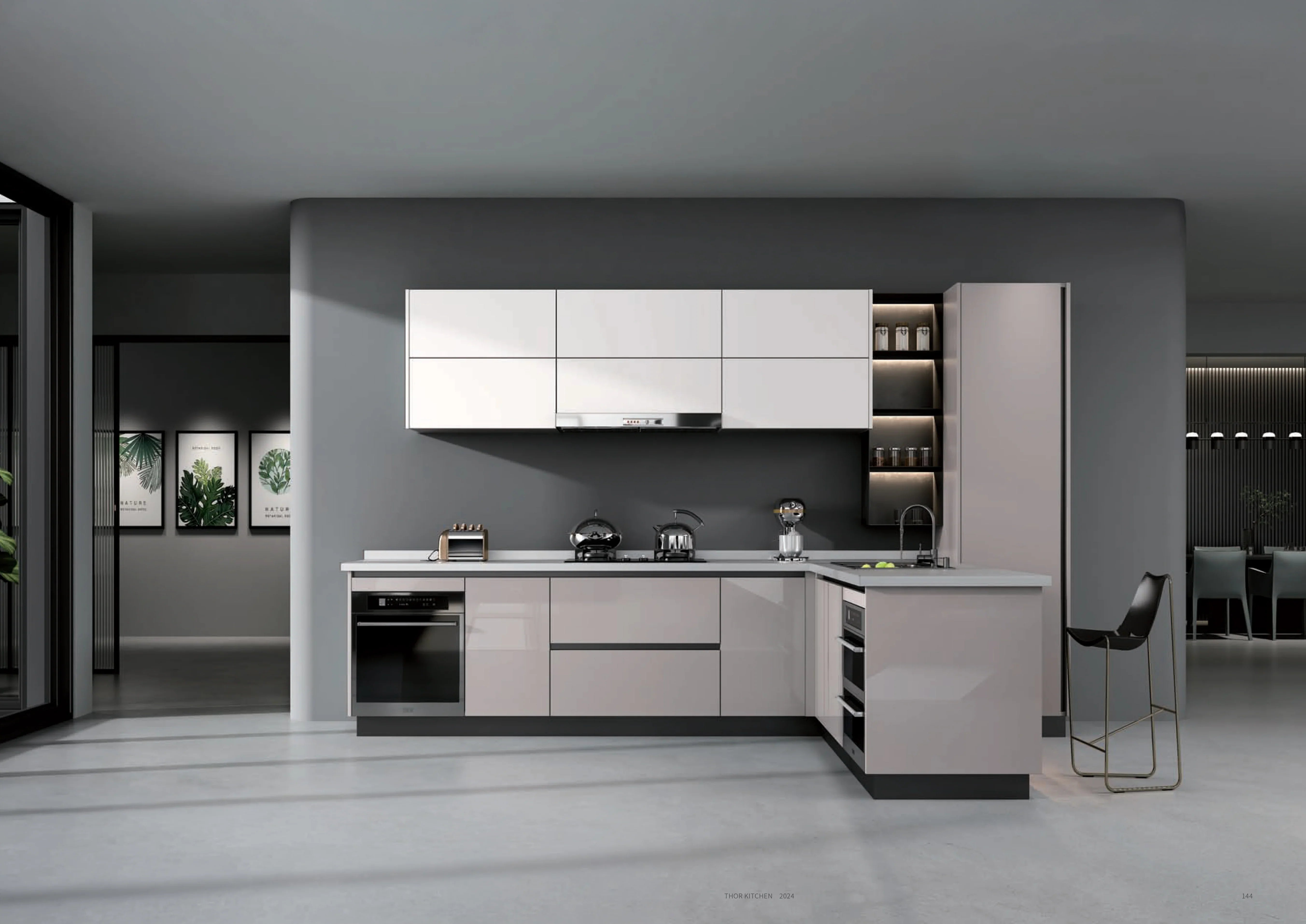Modern L-shaped kitchen with glossy cabinets, built-in appliances, and open shelving
