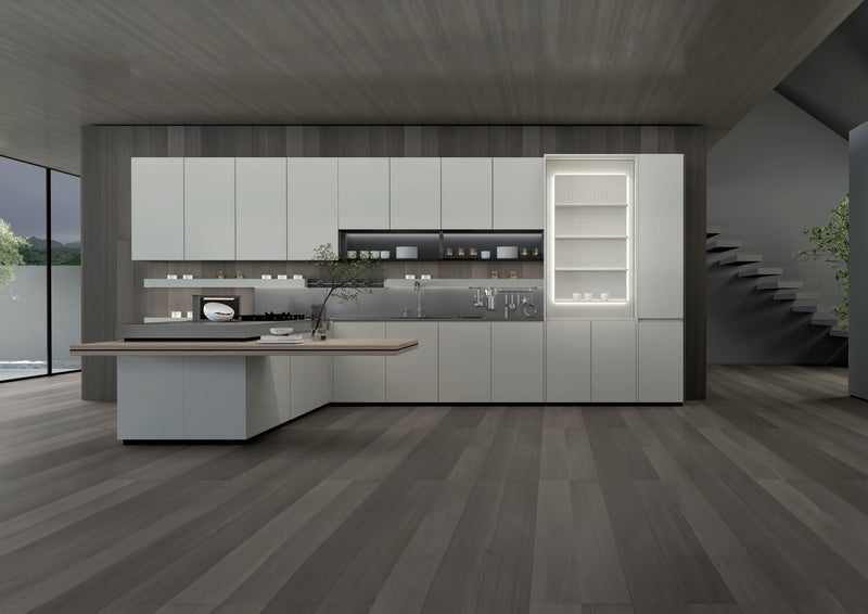 Modern kitchen with grey THOR cabinets, large island, open shelving, and under-cabinet lighting.