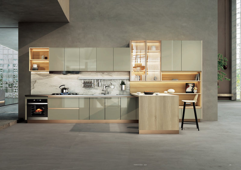 Modern kitchen with THOR Kitchen cabinets, marble backsplash, wood accents, and built-in oven