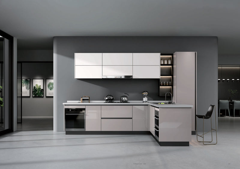 Modern grey and white kitchen cabinets with built-in appliances and minimalist decor