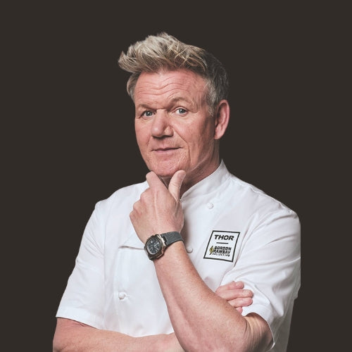 Chef in white uniform with THOR and Gordon Ramsay logos posing against dark background