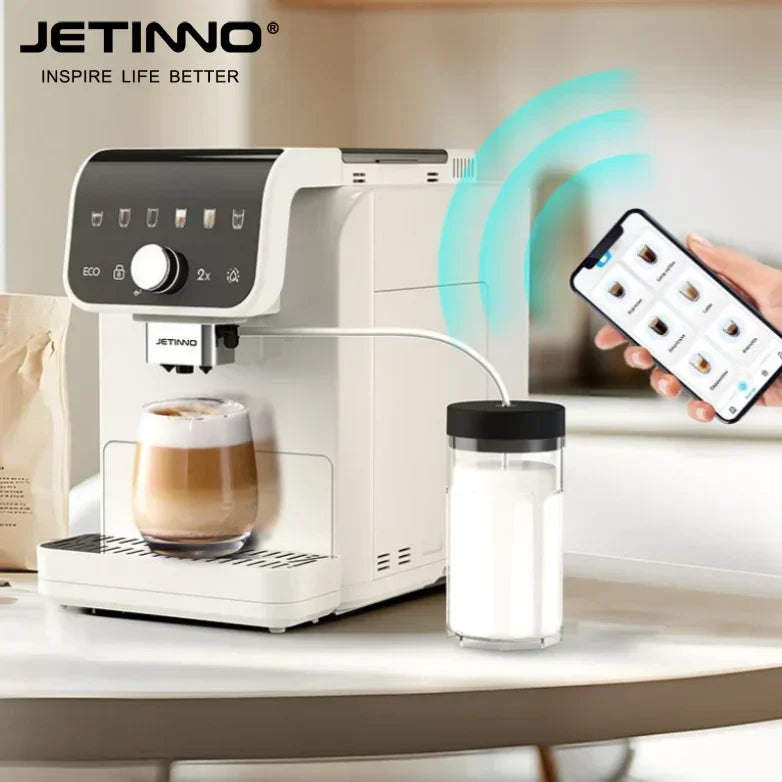 JETINNO smart white espresso machine with milk frother and mobile app control on kitchen table