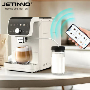 JETINNO smart white espresso machine with milk frother and mobile app control on kitchen table