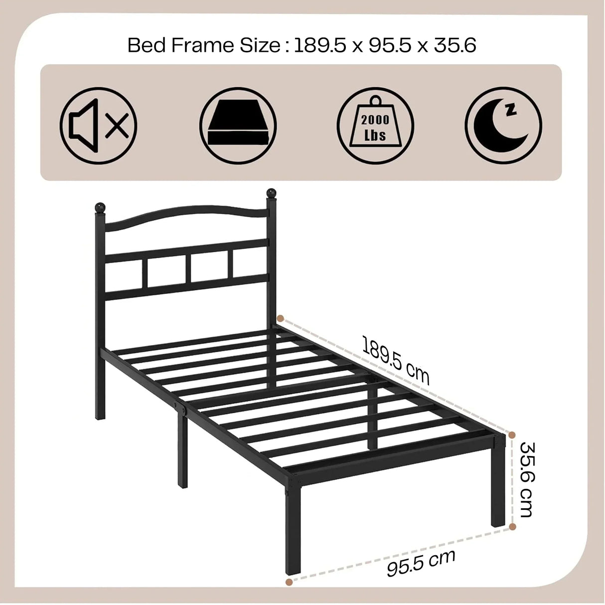 Black metal bed frame with headboard, size 189.5x95.5x35.6 cm, available on HOCC UAE.